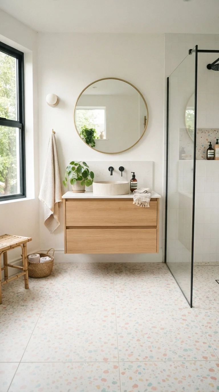 11 Budget-Friendly Bathroom Floor Tile Ideas 2026 6. Terrazzo-Style Porcelain Sheets