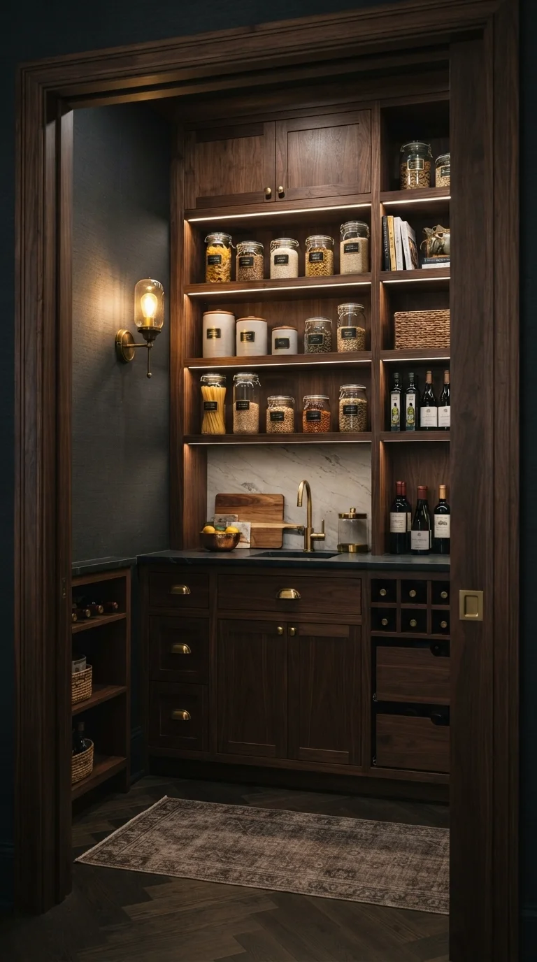 11 Modern Pantry Shelves Ideas 2026 7. Deep Walnut Built-Ins