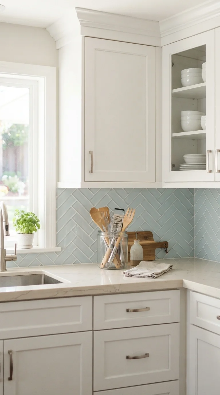 12 Kitchen Backsplash Ideas 2026 Modern White Cabinets 7. Herringbone Pattern with Glass Tiles