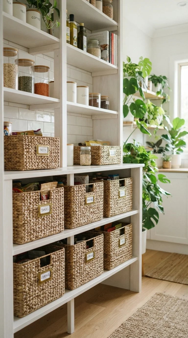 10 Food Pantry Ideas in The Kitchen 2026 Storage Organization 7. Labeled Woven Bins for Bulk Items