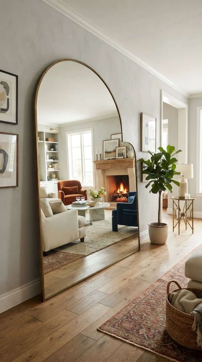 11 Cozy Living Room Wall Decoration Ideas 2026 7. Large Format Mirror for Depth
