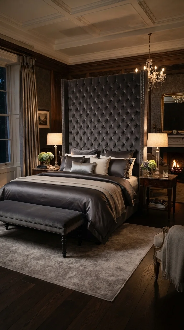 12 Grey Bedroom Ideas 2026 Aesthetic Cozy 7. Plush Velvet Upholstery