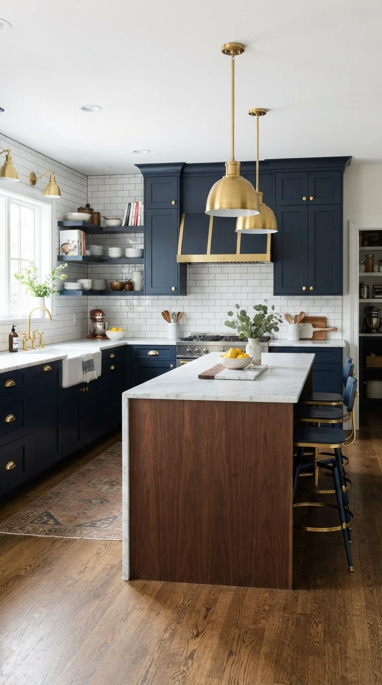 7. Rich Navy and Brass Contrast