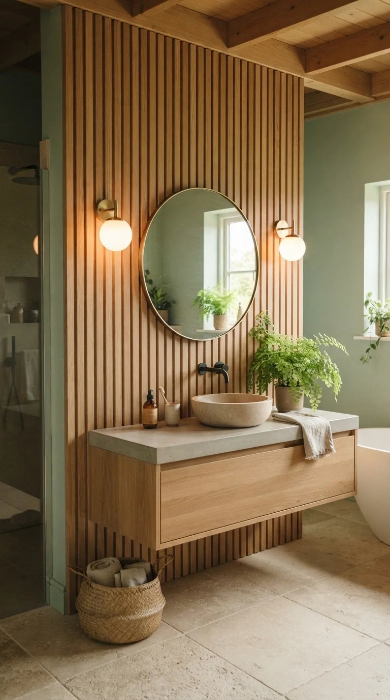 11 Basement Bathroom Ideas 2026 Modern Finished 7. Vertical Wood Slat Features
