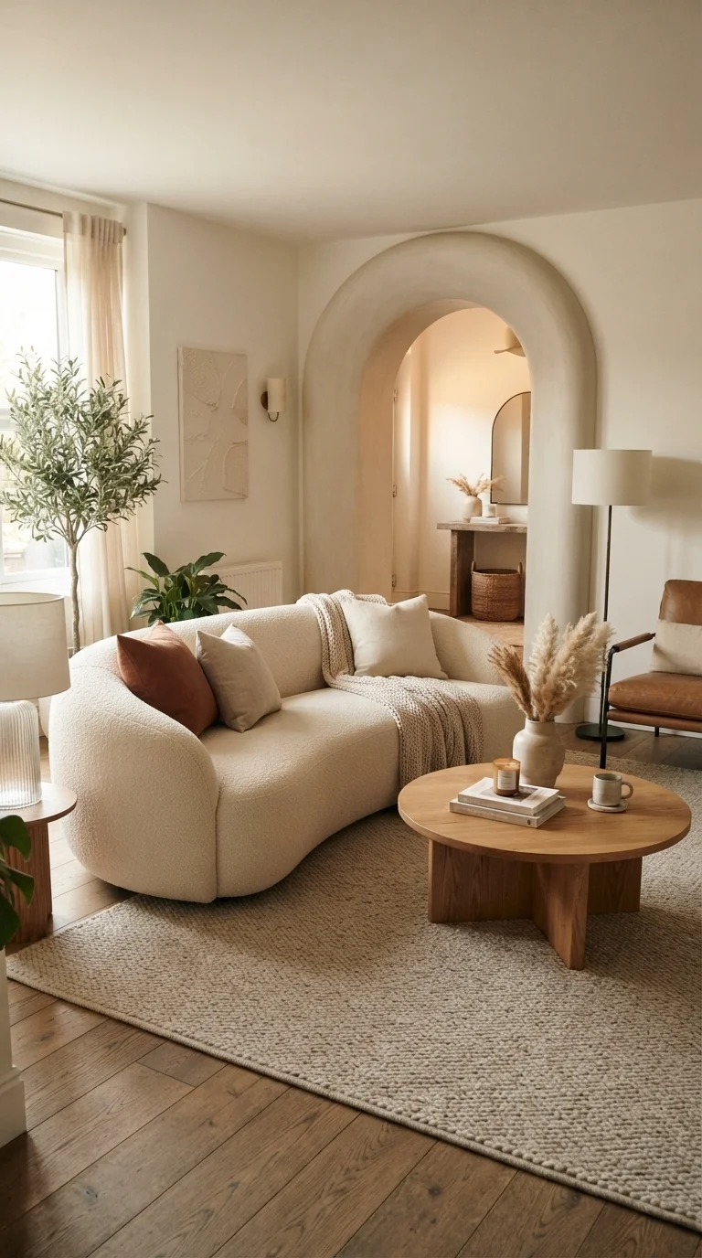 11 Farmhouse Living Room Ideas 2026: Cozy & Modern 8. Curved Furniture Silhouettes