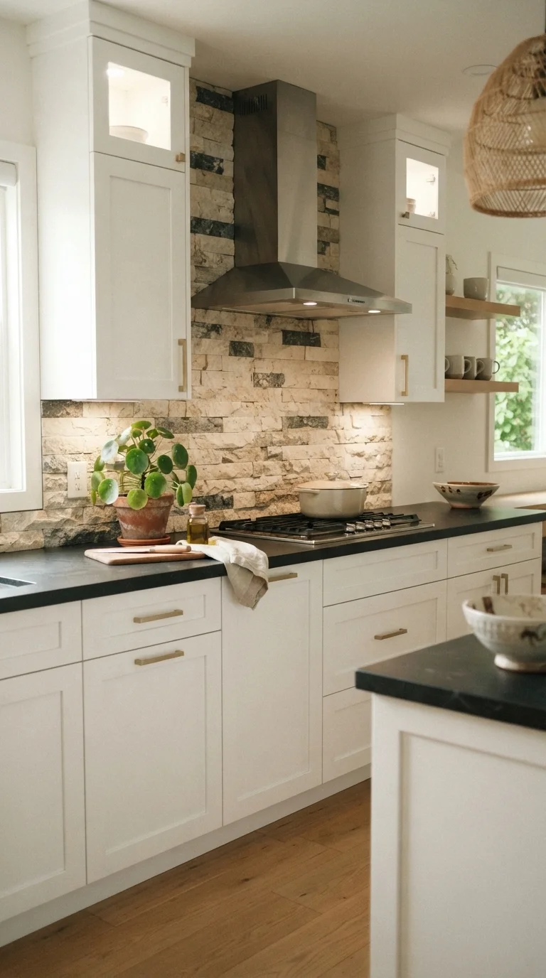 12 Kitchen Backsplash Ideas 2026 Modern White Cabinets 8. Natural Stone Ledger Panels