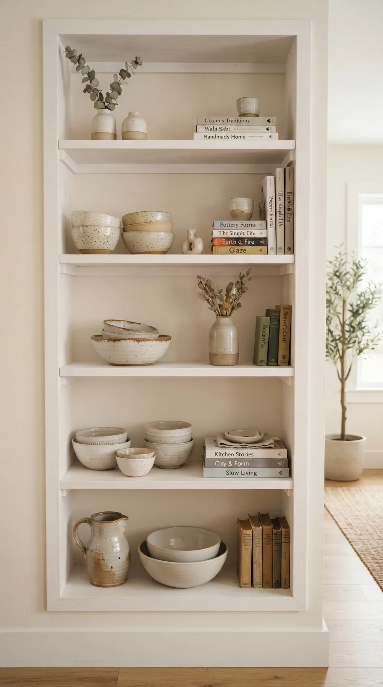 12 Living Room Decoration Ideas 2026 French Country Modern 8. Open Shelving with Curated Ceramic Displays