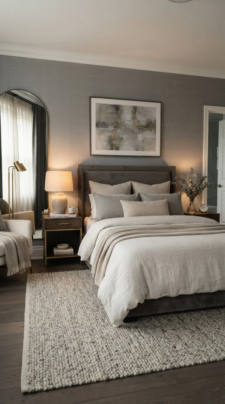 12 Grey Bedroom Ideas 2026 Aesthetic Cozy 8. Patterned Wallpaper for Visual Interest