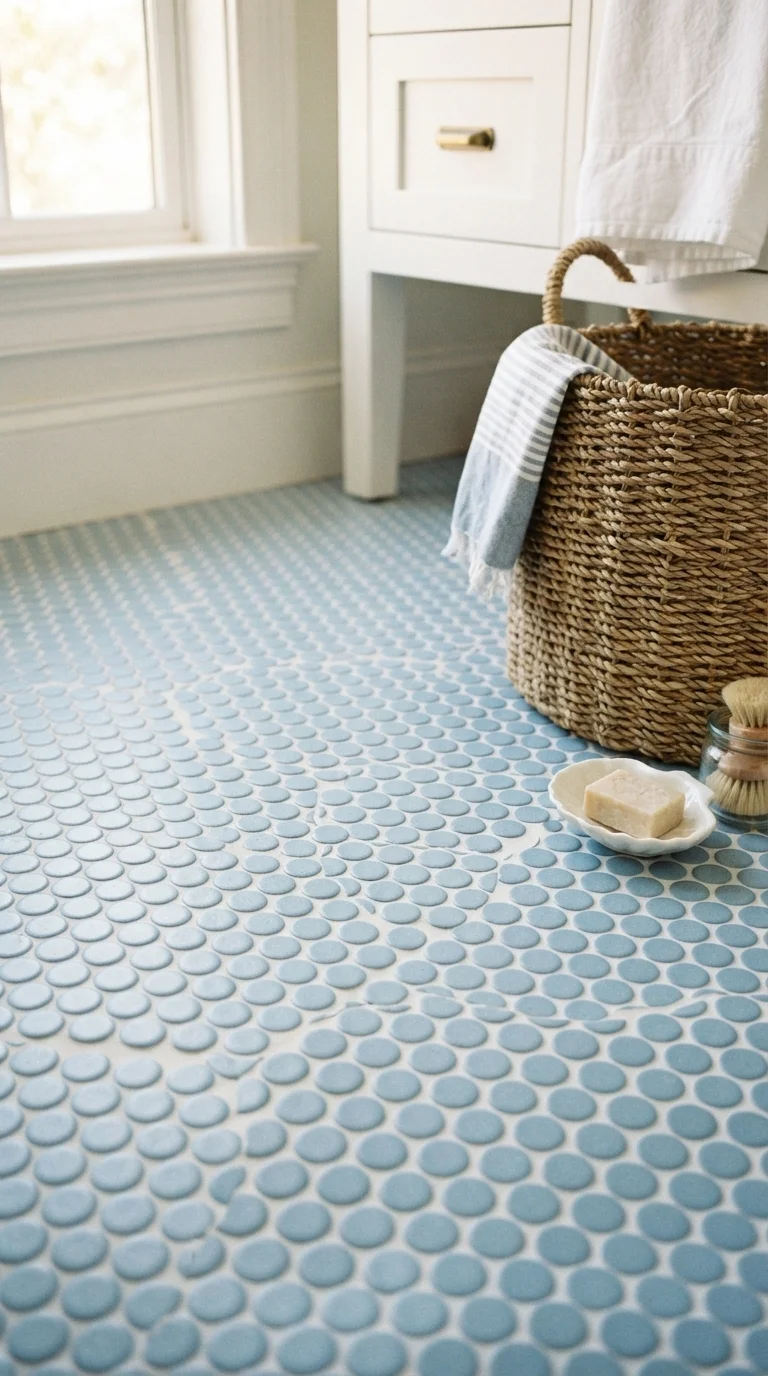 11 Budget-Friendly Bathroom Floor Tile Ideas 2026 8. Penny Round Tiles in Soft Blue
