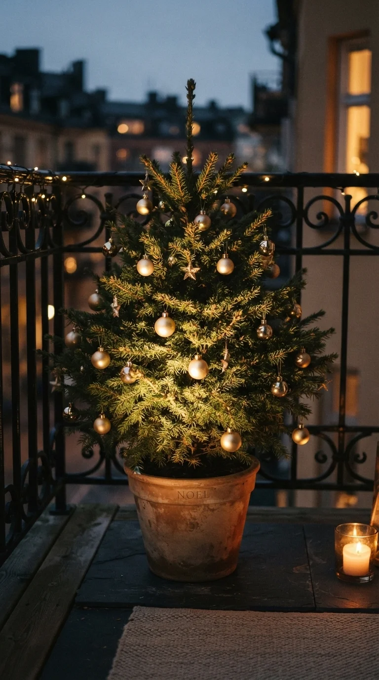 8 Christmas Lights Ideas 2026 House Balcony 8. Potted Tree Spotlight Illumination