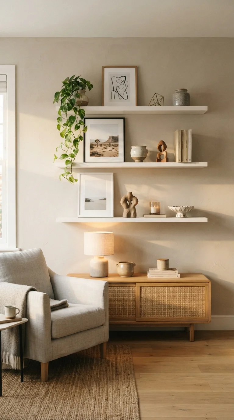 11 Cozy Living Room Wall Decoration Ideas 2026 9. Floating Gallery Shelves