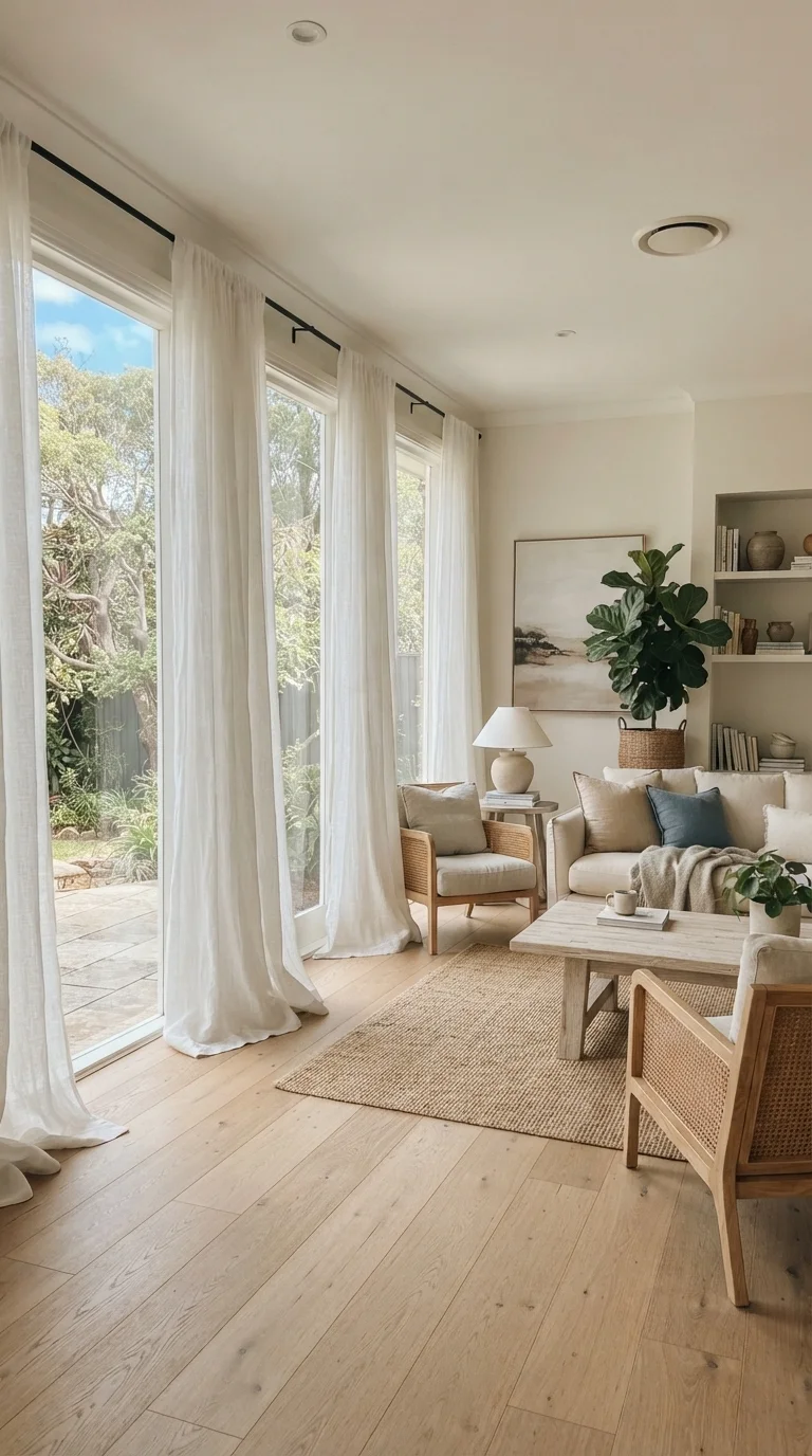 12 Living Room Decoration Ideas 2026 French Country Modern 9. Floor-to-Ceiling Linen Drapes for Softness