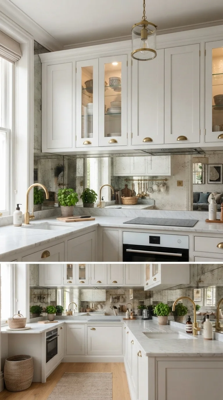 12 Kitchen Backsplash Ideas 2026 Modern White Cabinets 9. Mirror Backsplash for Illusion of Space