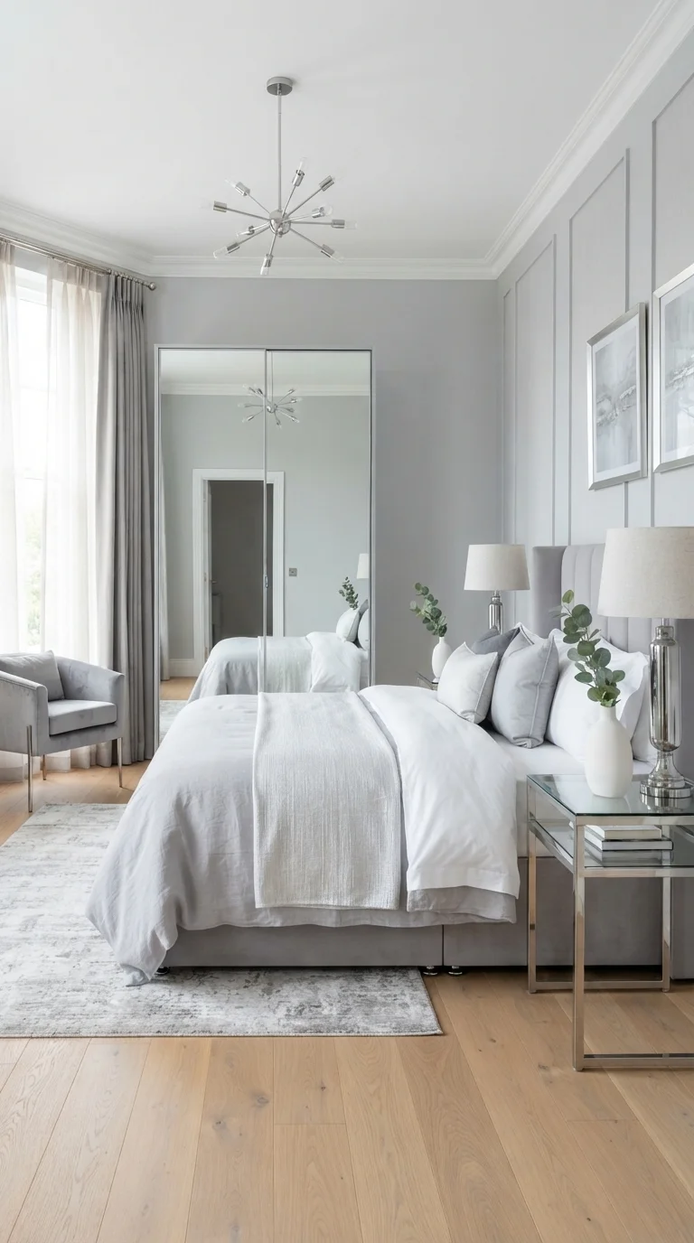 12 Grey Bedroom Ideas 2026 Aesthetic Cozy 9. Mirror and Glass for Reflection