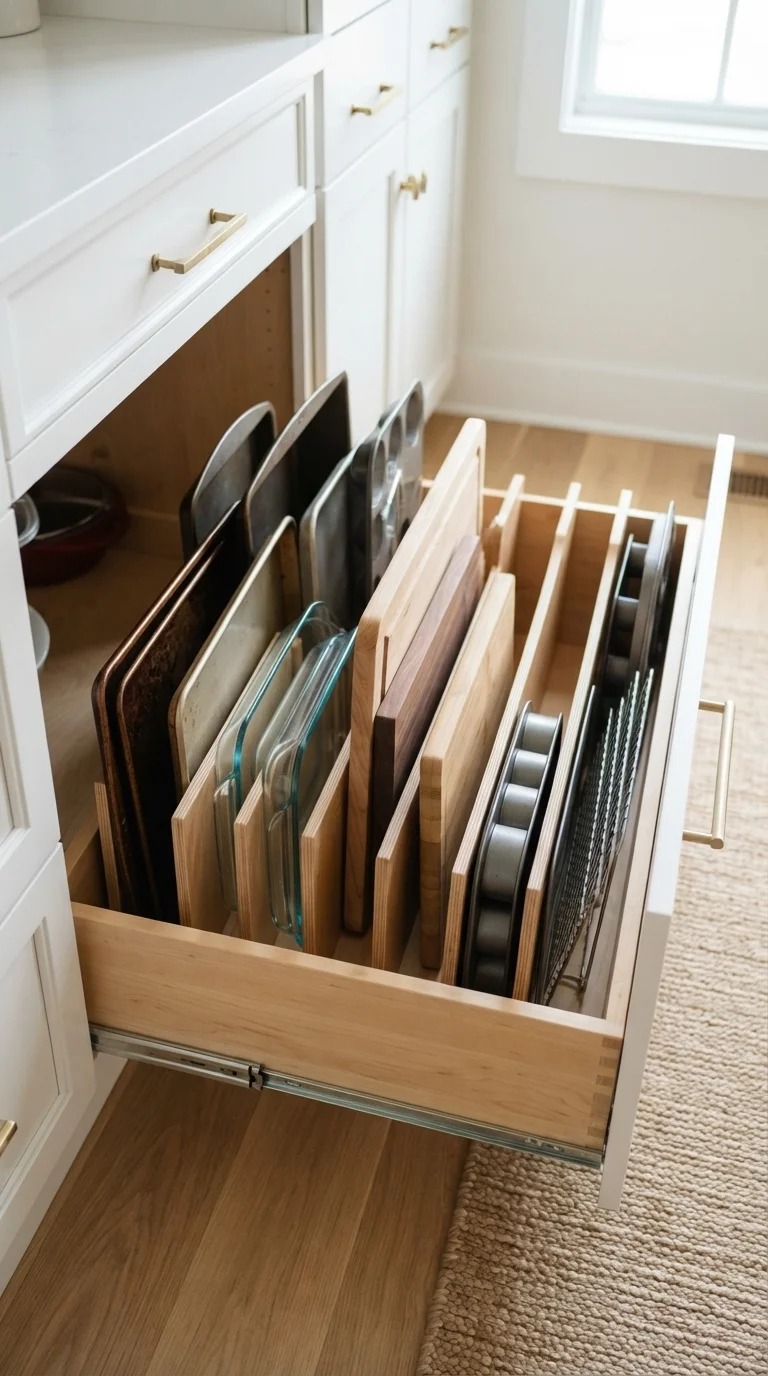 10 Food Pantry Ideas in The Kitchen 2026 Storage Organization 9. Vertical Drawer Dividers for Trays