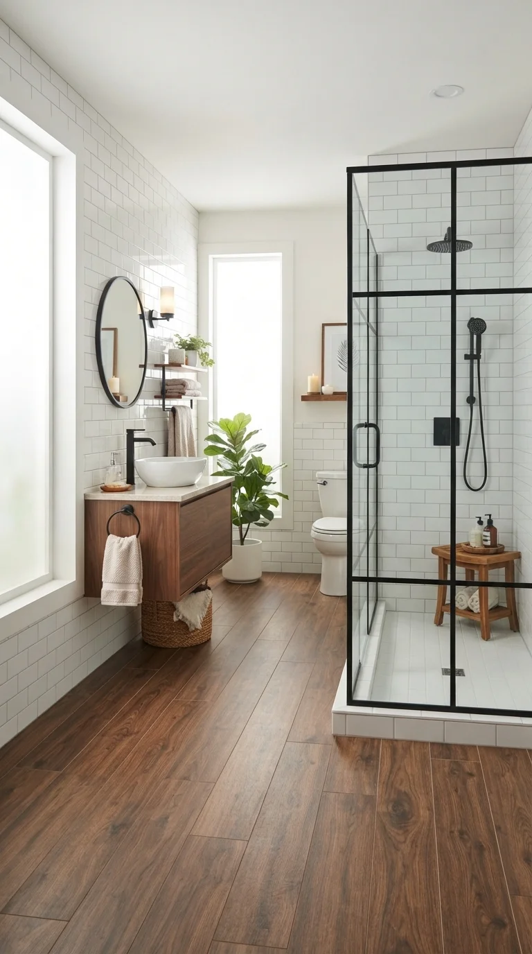 11 Budget-Friendly Bathroom Floor Tile Ideas 2026 9. Wood-Look Porcelain Planks
