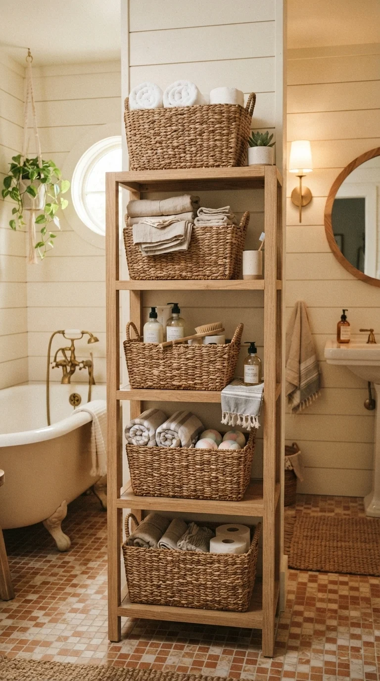 9. Woven Basket Shelving for Organic Texture