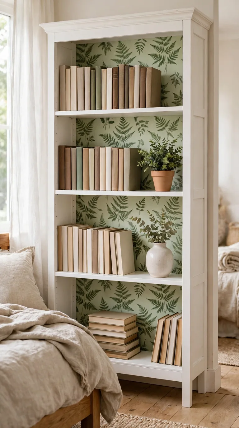 Green botanical fern shelf wallpaper lining the back of a white bedroom bookcase styled with books and plants