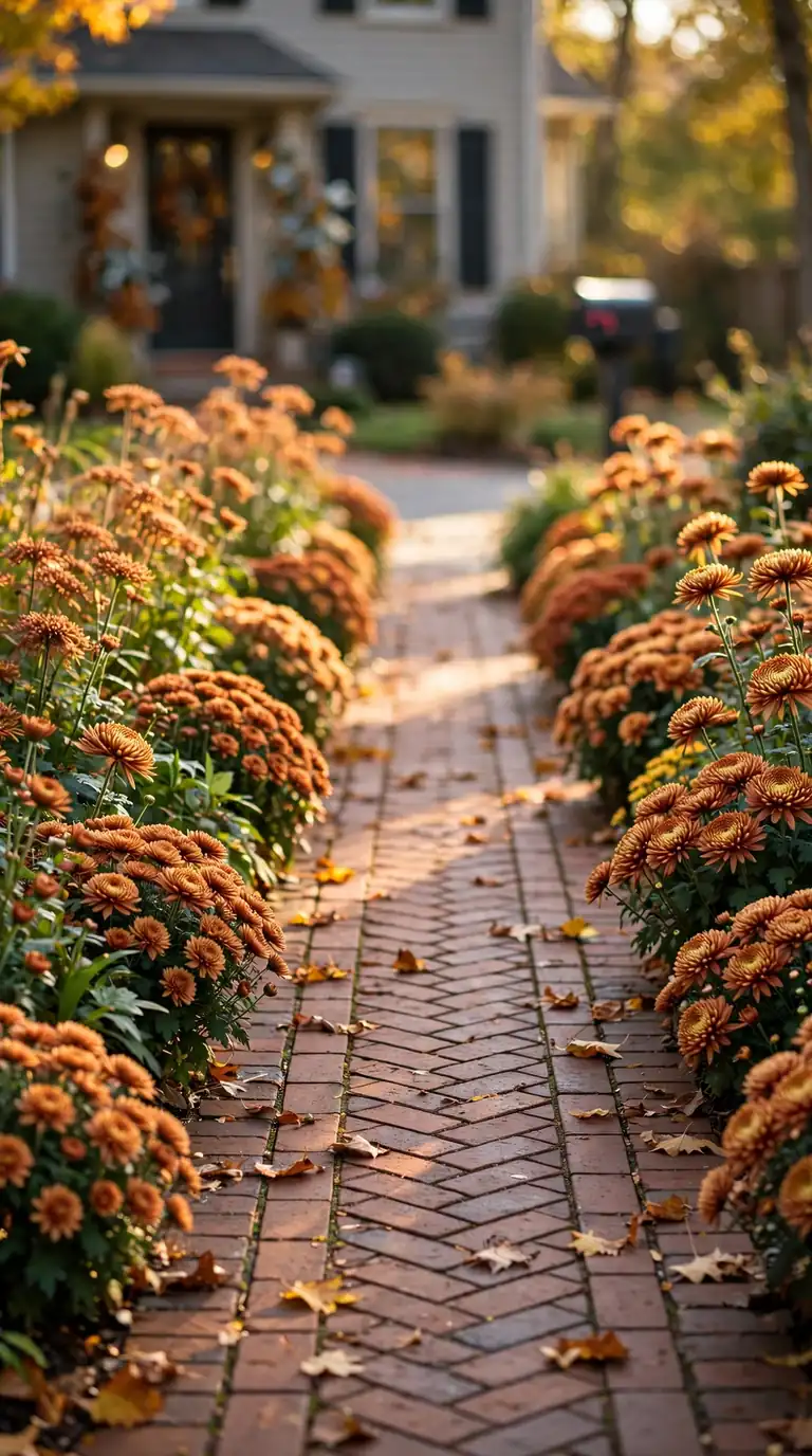 Bronze and copper mums lining a brick front walkway in a fall garden