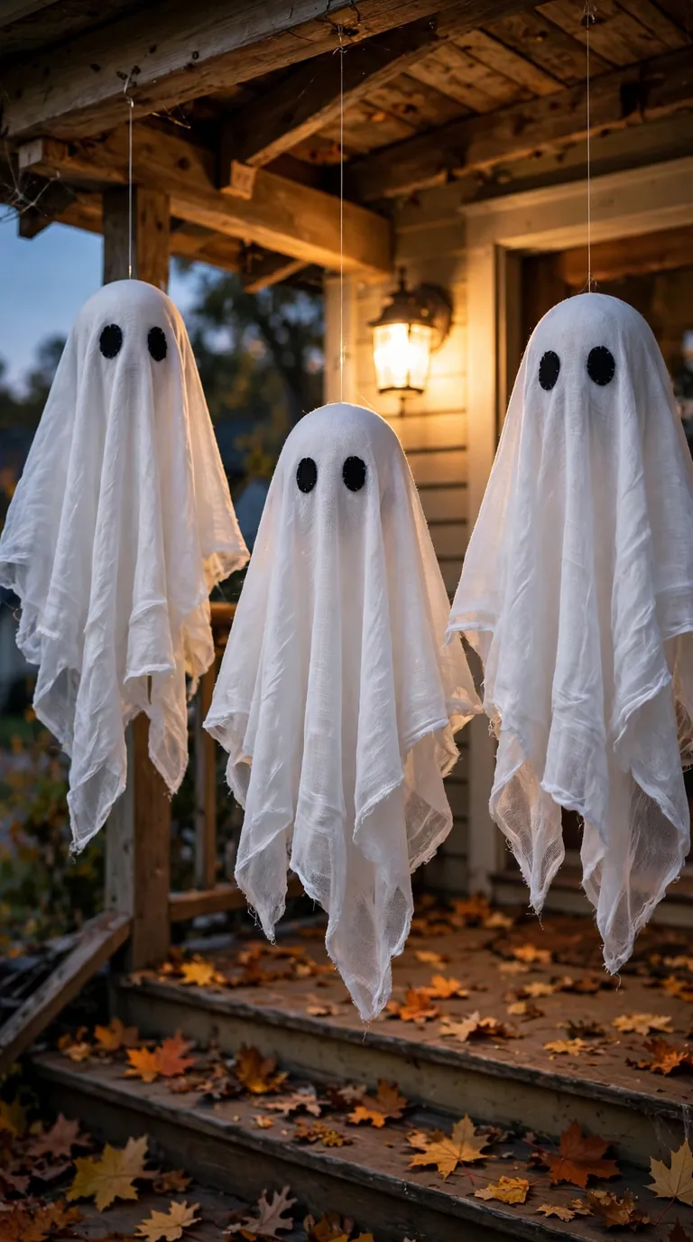 Floating cheesecloth ghost Halloween decorations hanging on a porch