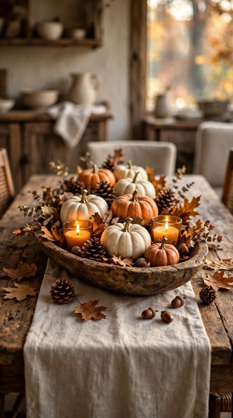 Dining table centrepiece with a wooden dough bowl filled with pumpkins, pinecones, and candles