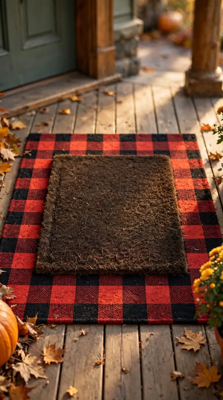 Layered plaid rug and welcome doormat creating a cozy fall front porch entry