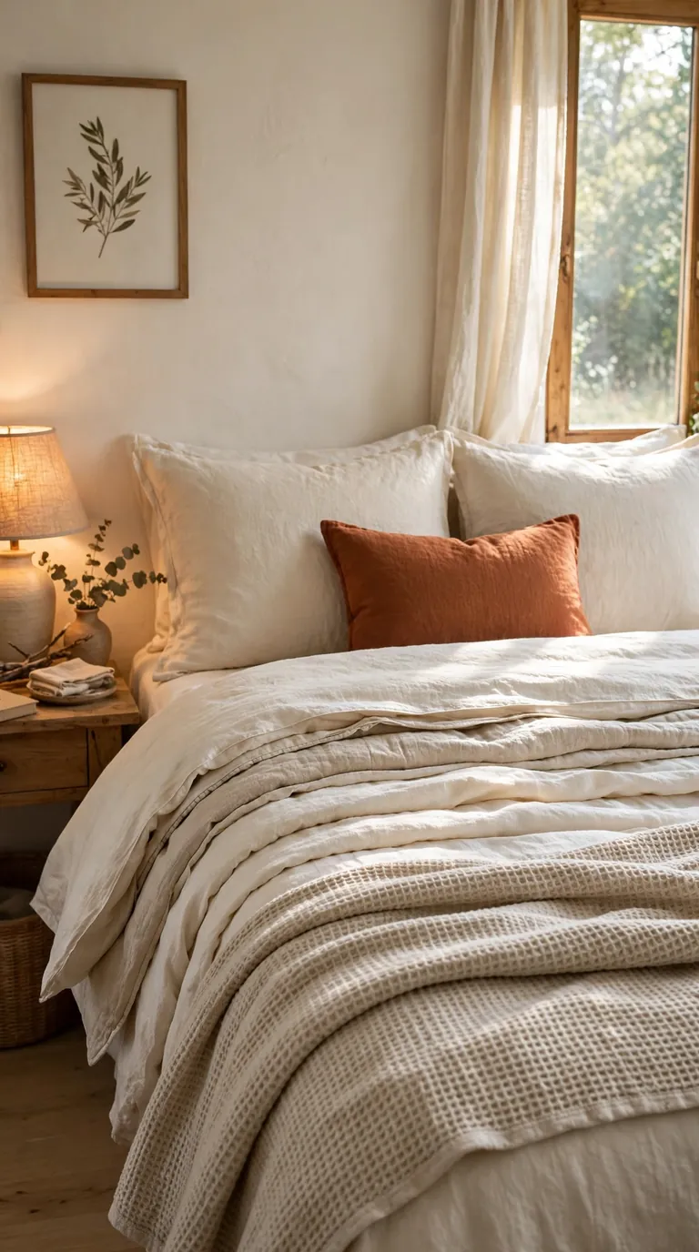 Cozy bedroom with layered cream and oatmeal bedding, knit throw and linen pillows