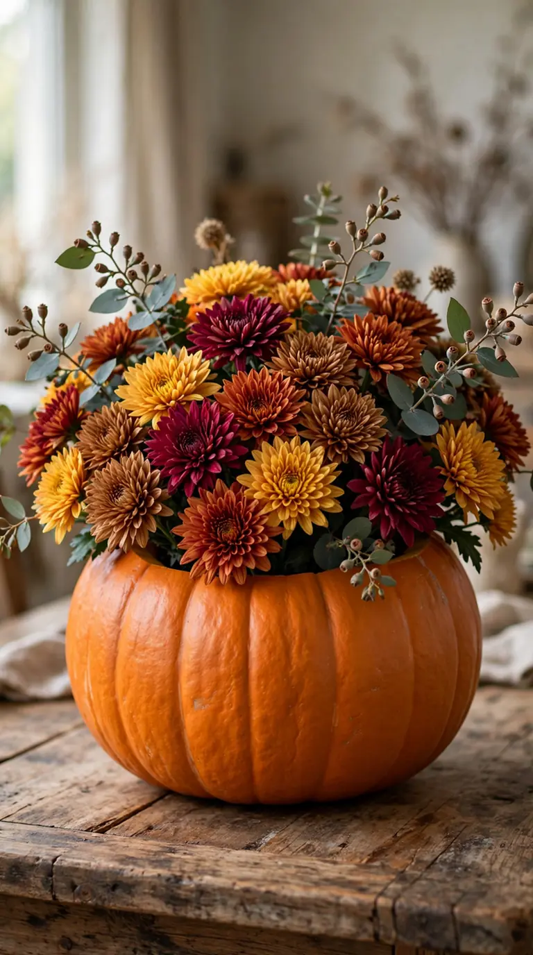 Orange pumpkin vase filled with burgundy, rust and golden mums with eucalyptus