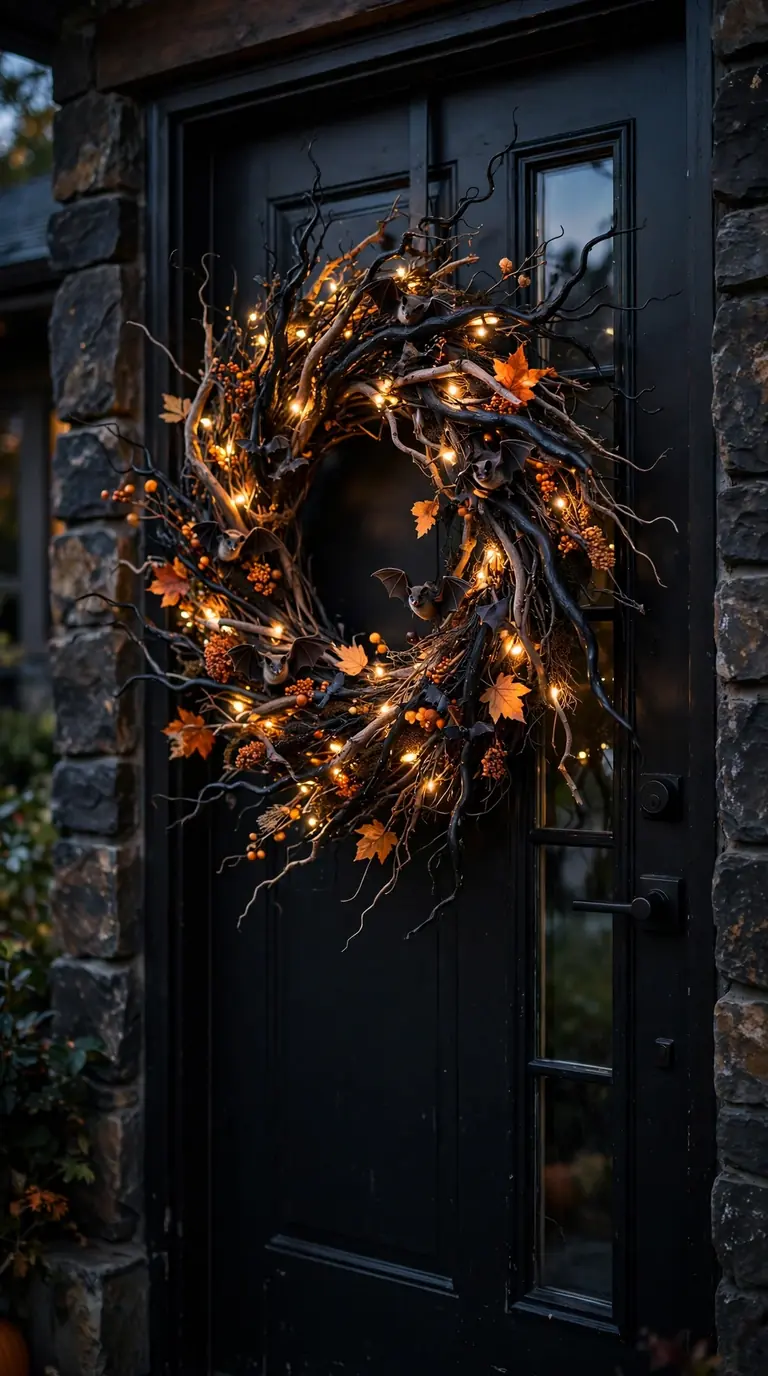 Black twisted branch Halloween wreath with bats and fairy lights on a front door