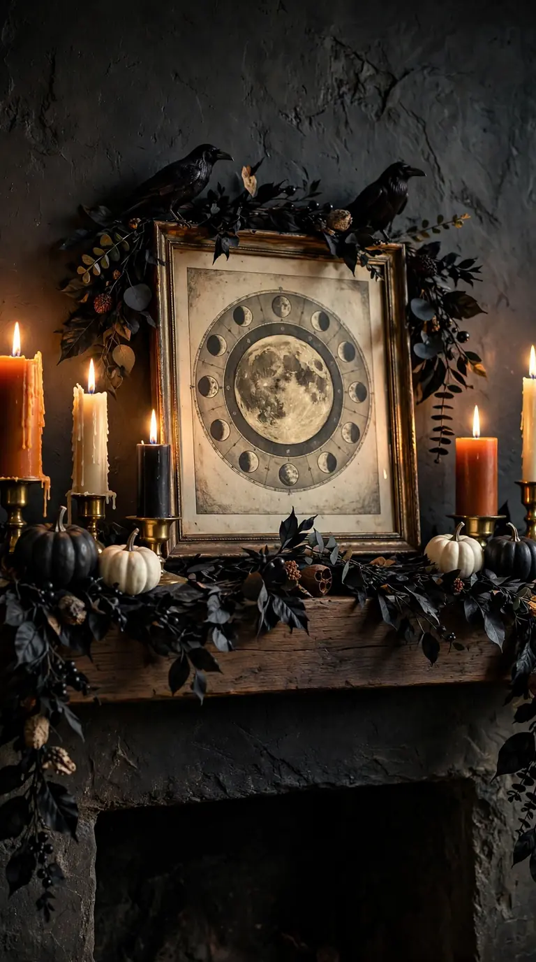 Spooky Halloween mantel with black garland, pillar candles and pumpkins