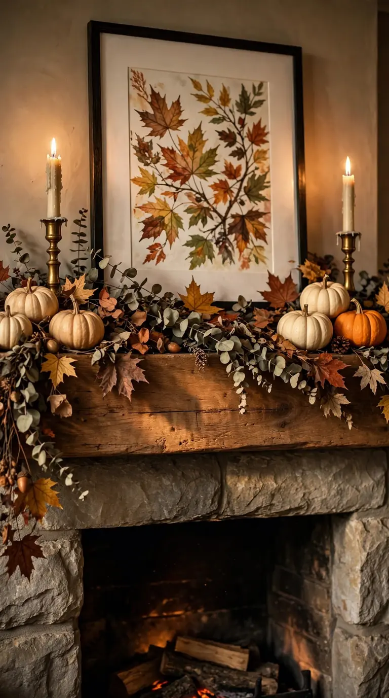 Fireplace mantel with fall garland, pumpkins and brass candlesticks