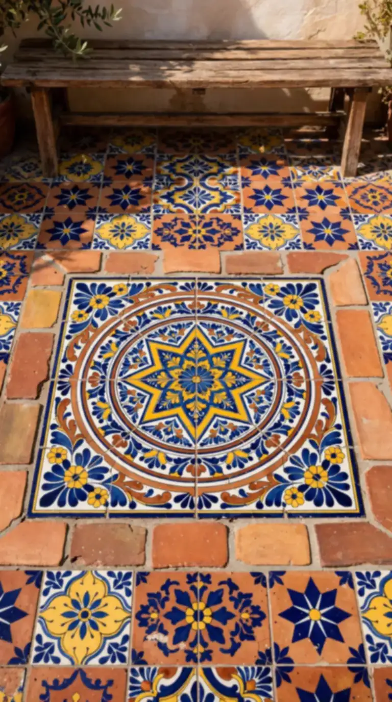 Colorful Talavera tile patio floor with blue and yellow Mexican patterns, a vibrant mexican backyard idea