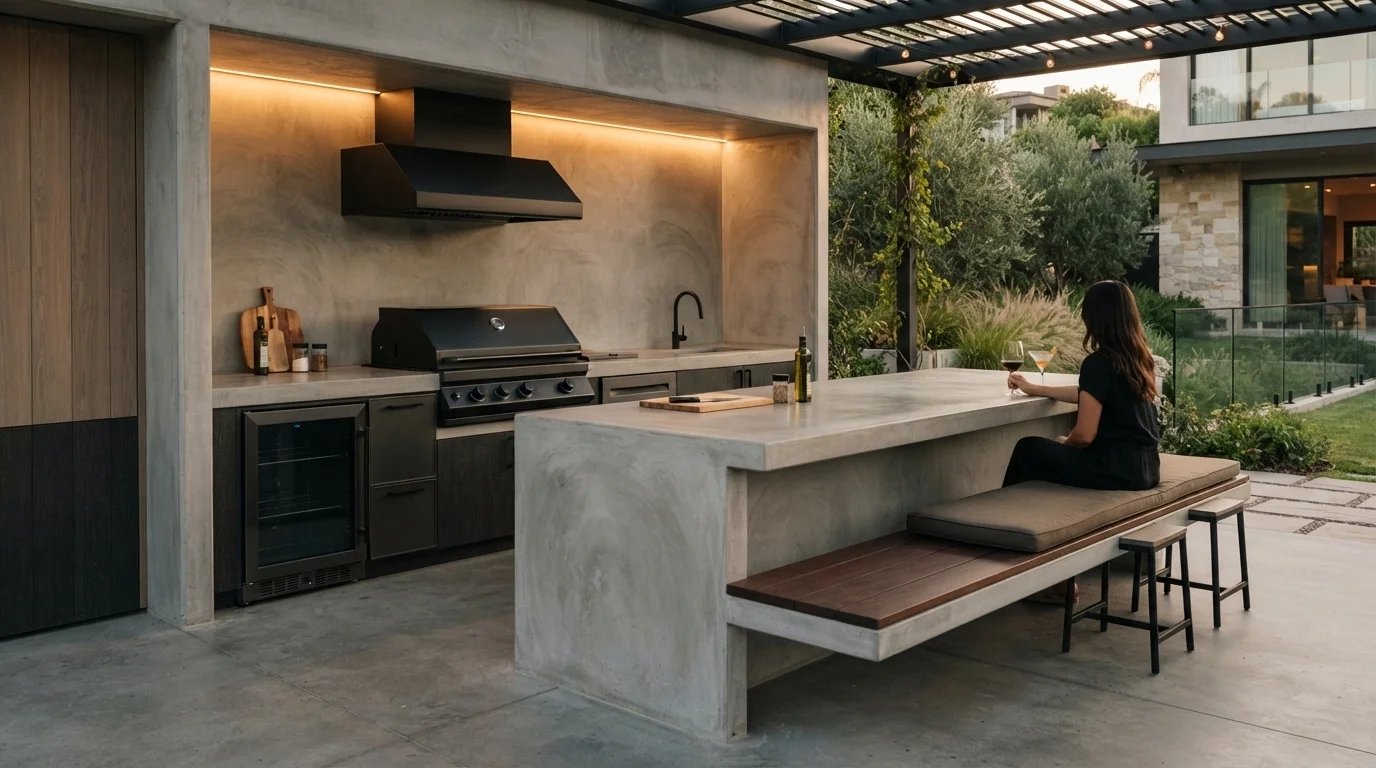 1. Concrete Minimalism with Integrated Seating