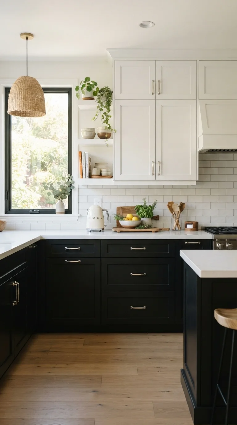 1. Matte Black Lower Cabinets with White Uppers