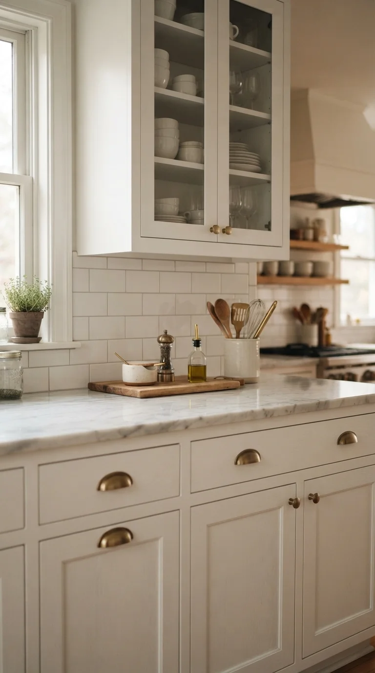 1. Softened Shaker Cabinets with Brass Accents