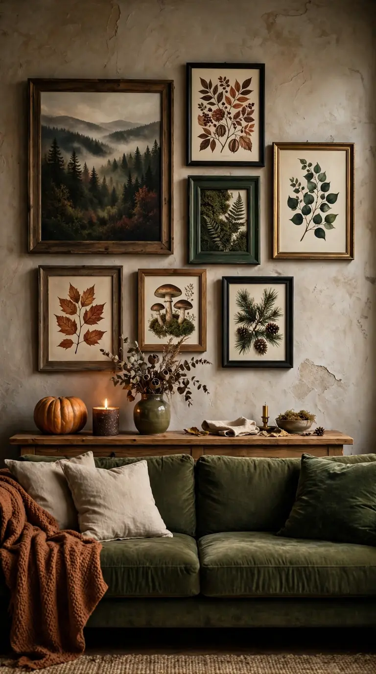 Gallery wall of autumn art prints above a living room sofa