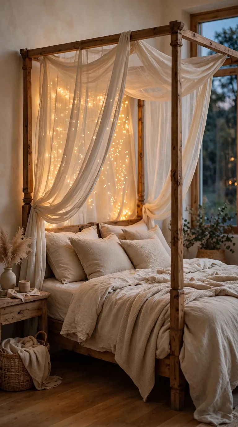 Canopy bed draped with sheer linen fabric in a romantic cozy bedroom