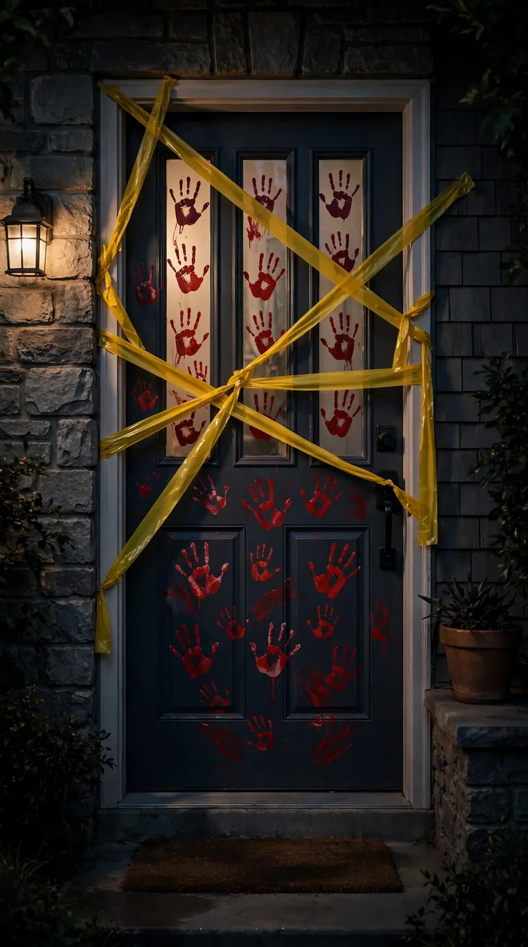 Front door decorated as a crime scene with caution tape and red handprints