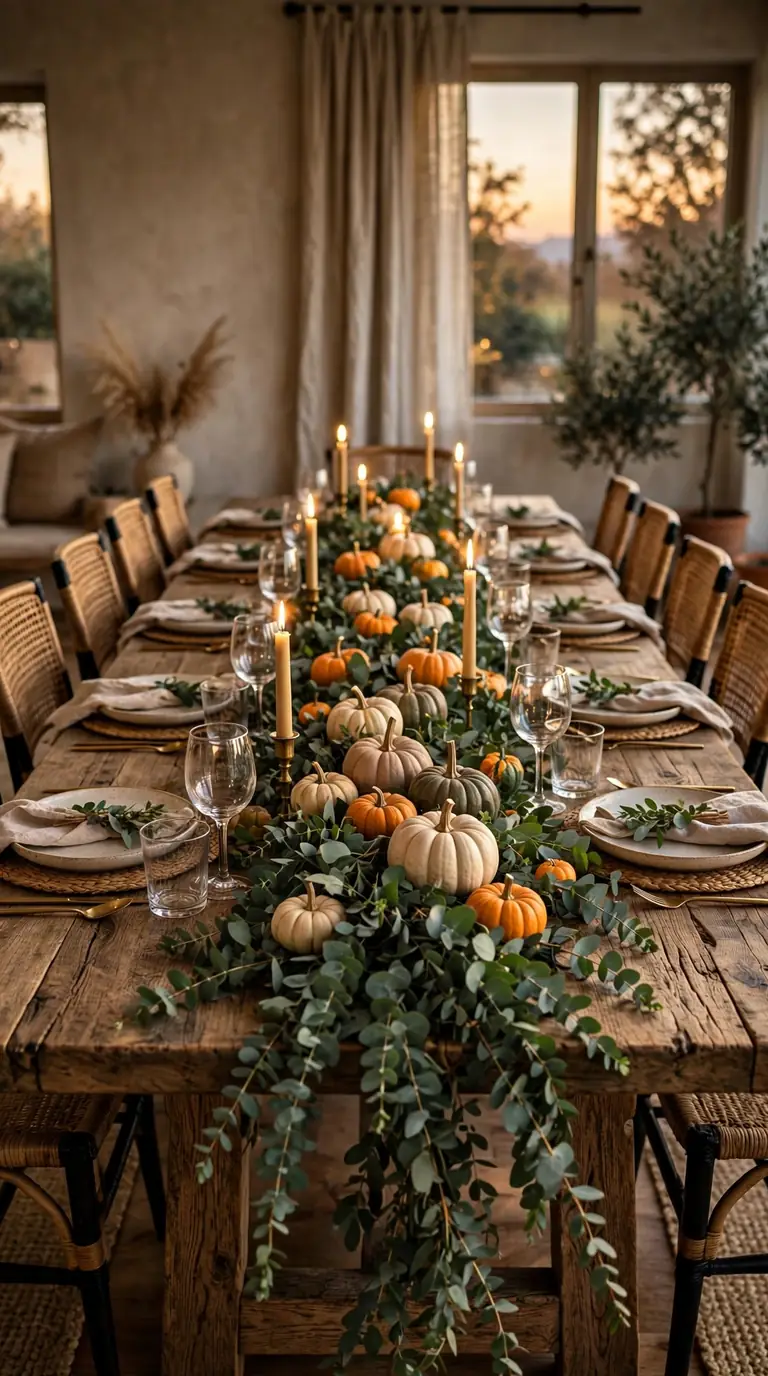 Fall table with a eucalyptus garland runner, pumpkins, and taper candles
