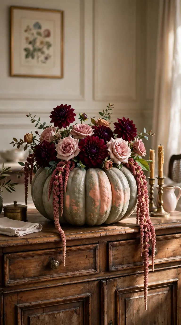 French fairytale heirloom pumpkin filled with wine dahlias and pink roses