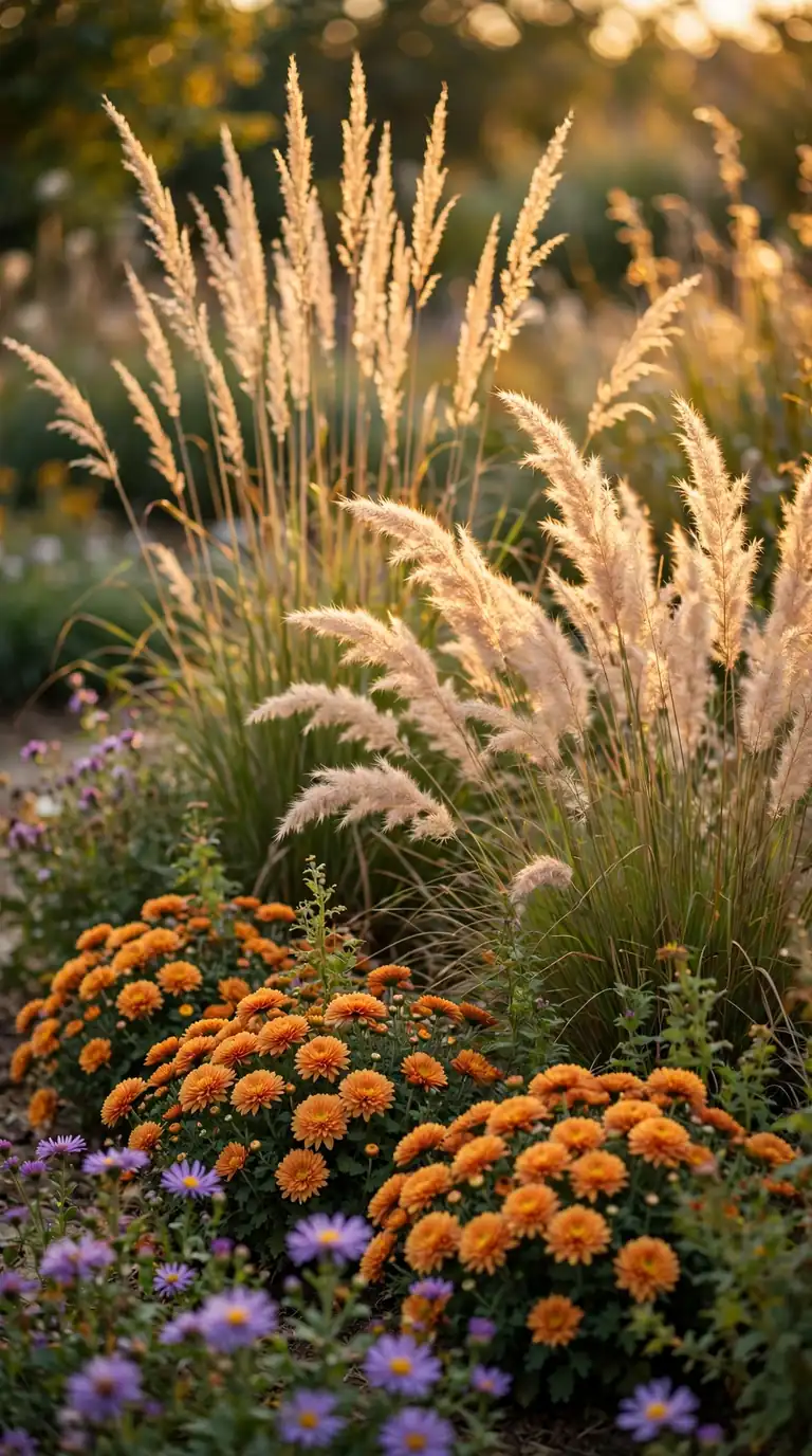 Feathery ornamental grass plumes glowing in golden hour light in a fall garden