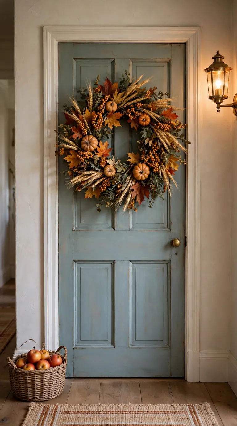 20 Fall Home Decor Ideas for a Warm Autumn Home 2026 Fall wreath with wheat and pumpkins on an interior door