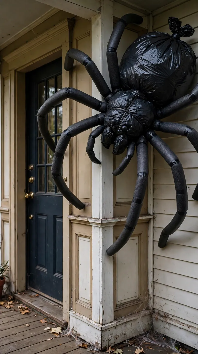 Giant DIY trash bag spider decoration on a front porch