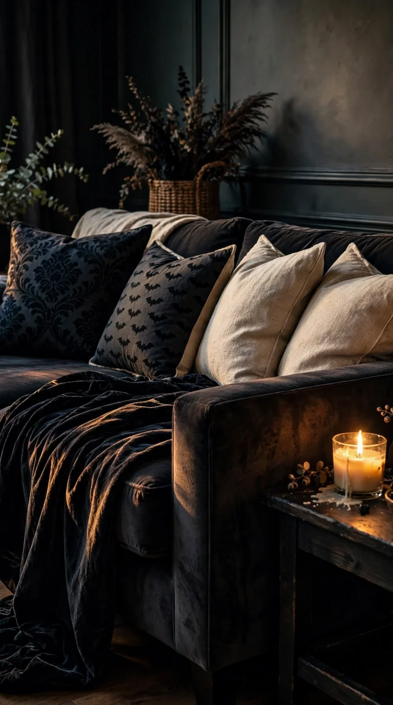 Sofa with black velvet throw and gothic Halloween cushions