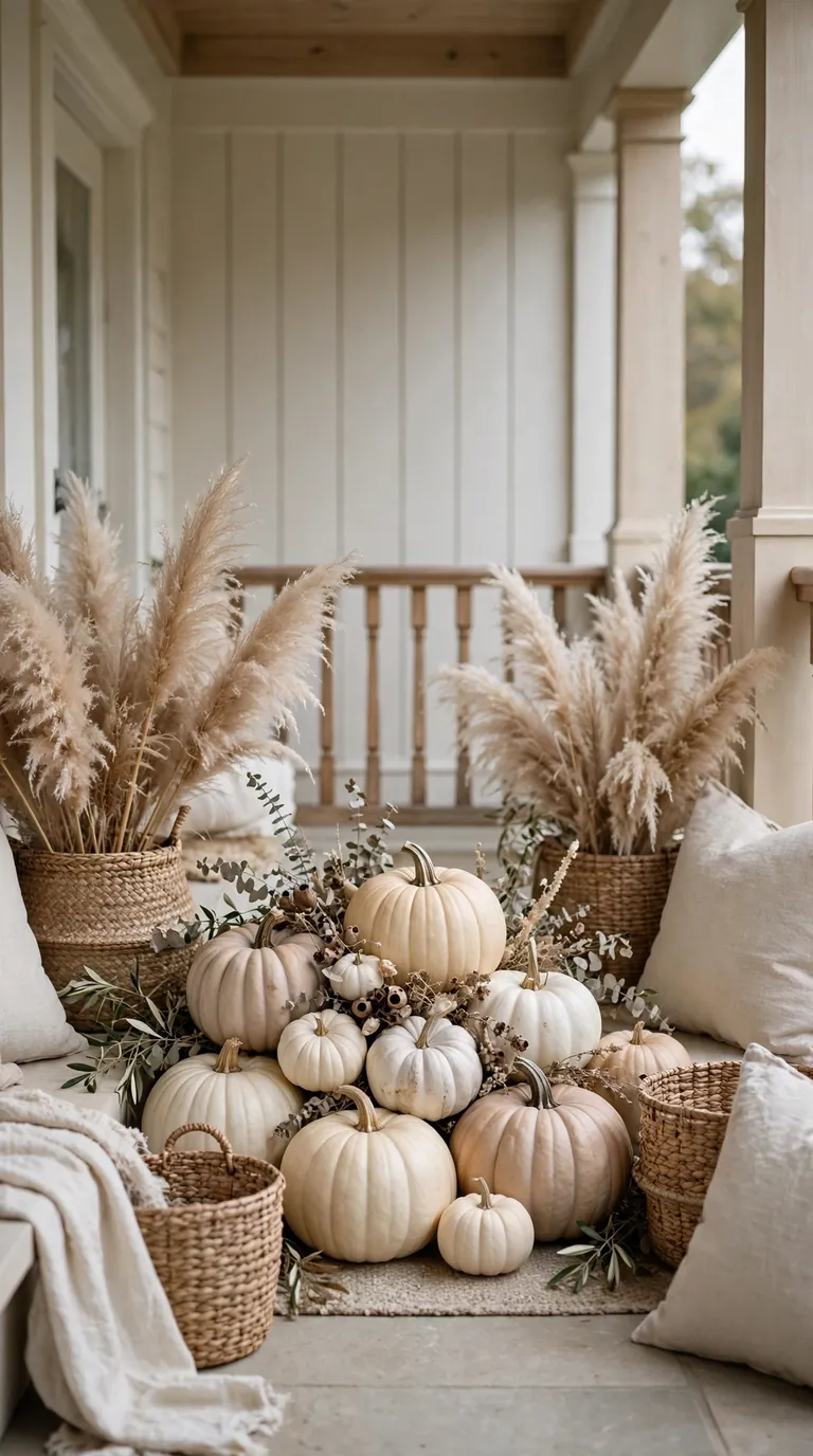 Neutral fall front porch decorated with cream and white pumpkins