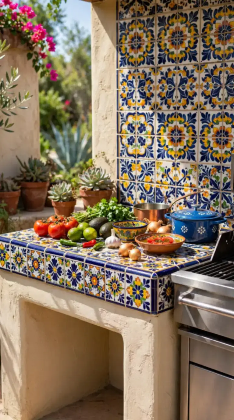 Mexican outdoor kitchen with Talavera tiled prep counter and grill in a backyard