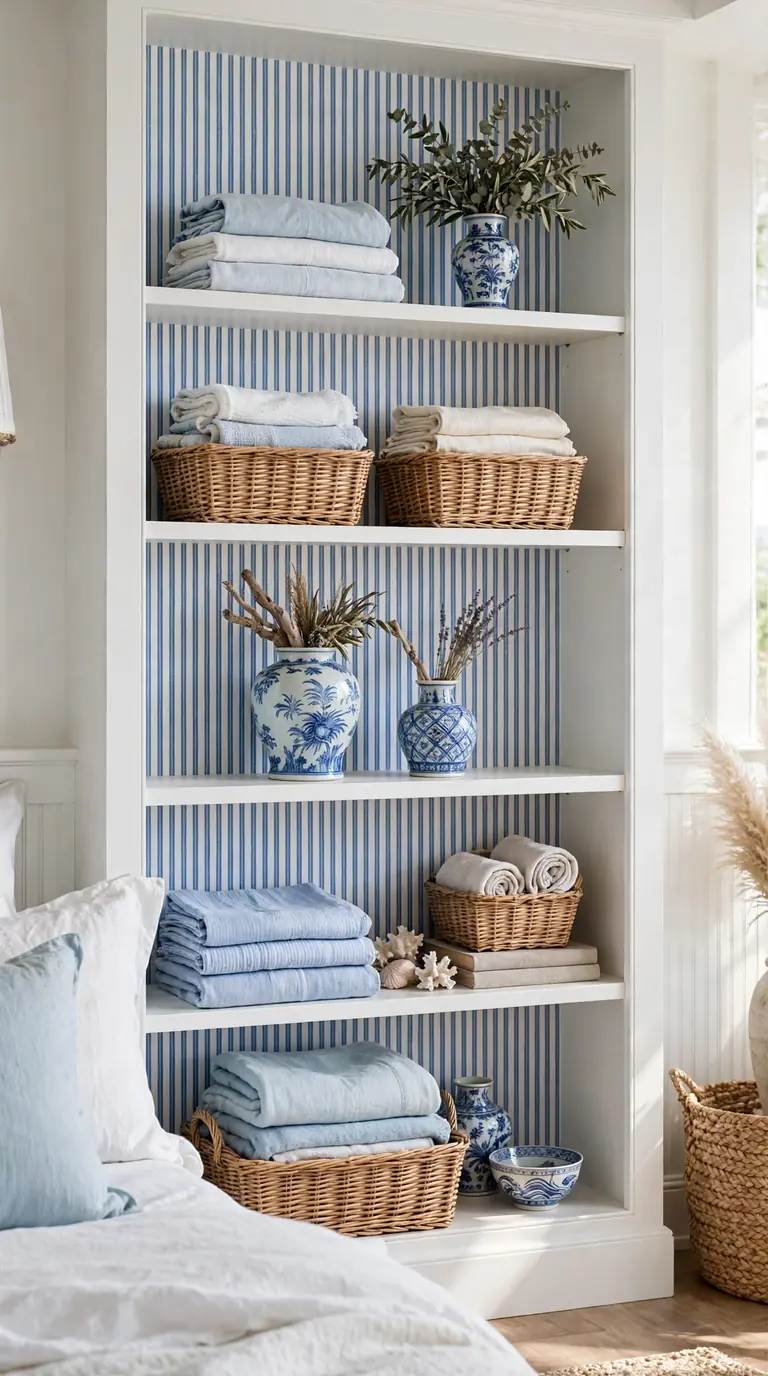 Blue and white striped wallpaper behind a white coastal bedroom bookcase styled with porcelain and baskets