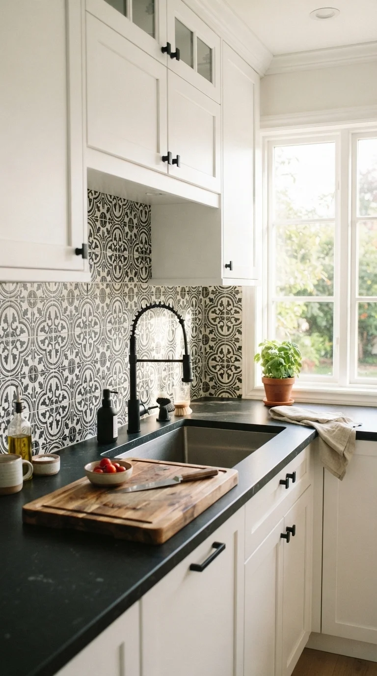 10. Black and White Geometric Tile Backsplash