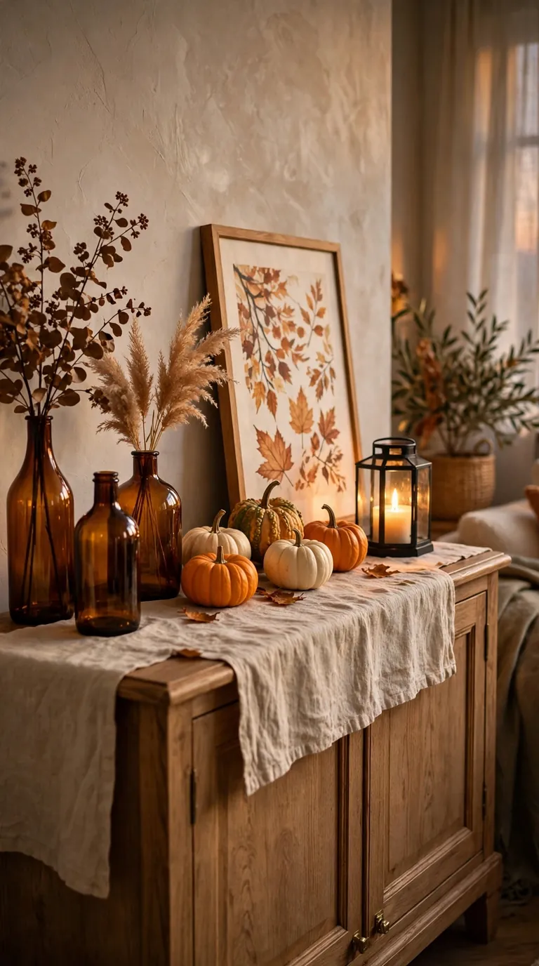 Sideboard styled with amber glass bottles, pumpkins and candles