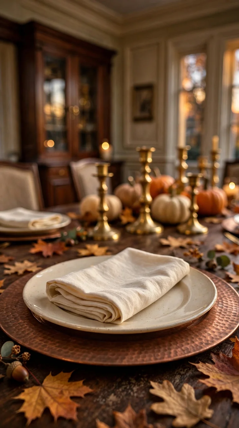 Dining table place settings with copper charger plates, cream napkins, and fall leaves